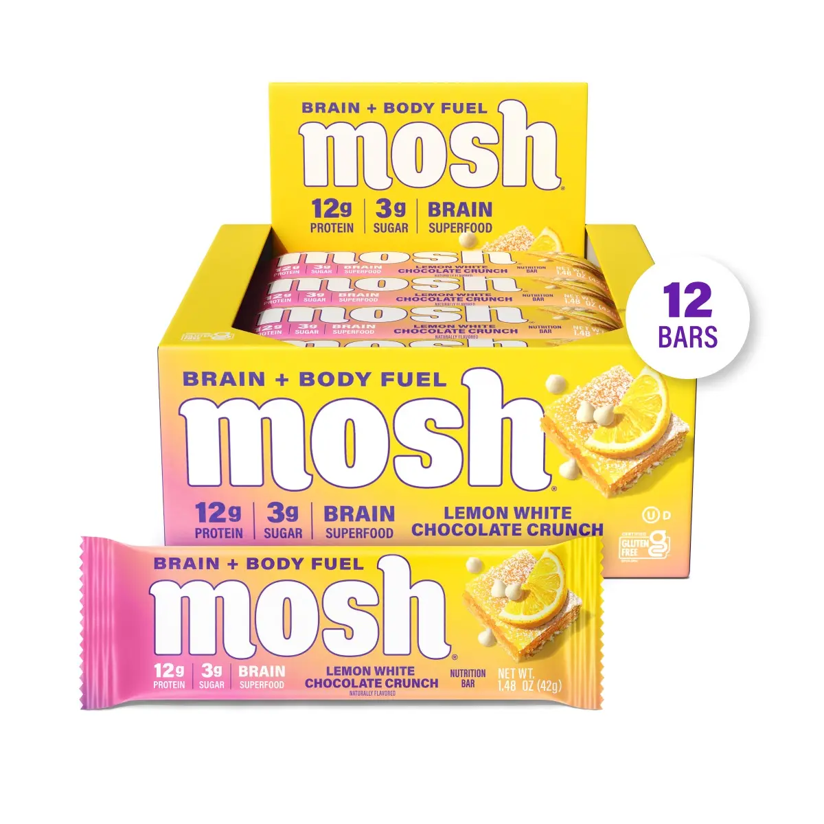 MOSH Lemon White Chocolate Crunch Protein Bars - 12 Bars, High Protein, Lower Sugar, High Fiber, Keto-Friendly, Gluten Free, 6+ Brain Nutrients including Cognizin, Mission Focused and Gives Back, Snack, Almond, Premium Protein, Protein Snack Bar,summerwin