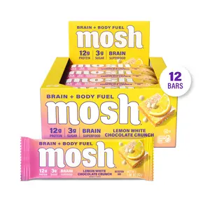 MOSH Lemon White Chocolate Crunch Protein Bars - 12 Bars, High Protein, Lower Sugar, High Fiber, Keto-Friendly, Gluten Free, 6+ Brain Nutrients including Cognizin, Mission Focused and Gives Back