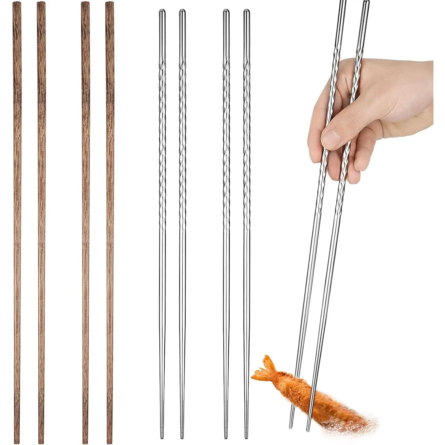 4 Pairs Long Cooking Chopsticks 15.3 Inch Extra Long Stainless Steel Chopsticks with Non Slip Threaded, 16.5 Inch Wooden Noodles Kitchen Cooking Frying Hot Pot Chopsticks(,  Color)