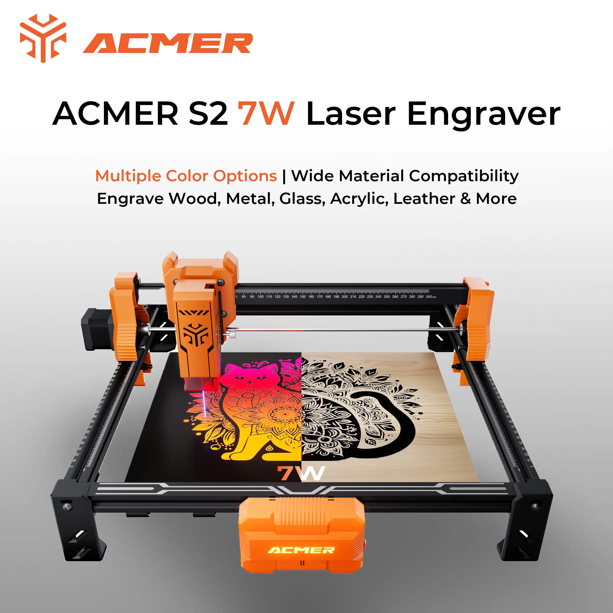 ACMER S2 7W Laser Engraving & Cutting Machine, 300×300mm Large Working Area, Suitable for Wood, Faux Leather, Acrylic, Ceramic & More, Ideal for Wood Carving, DIY Crafts, Gift Making & Creative Projects