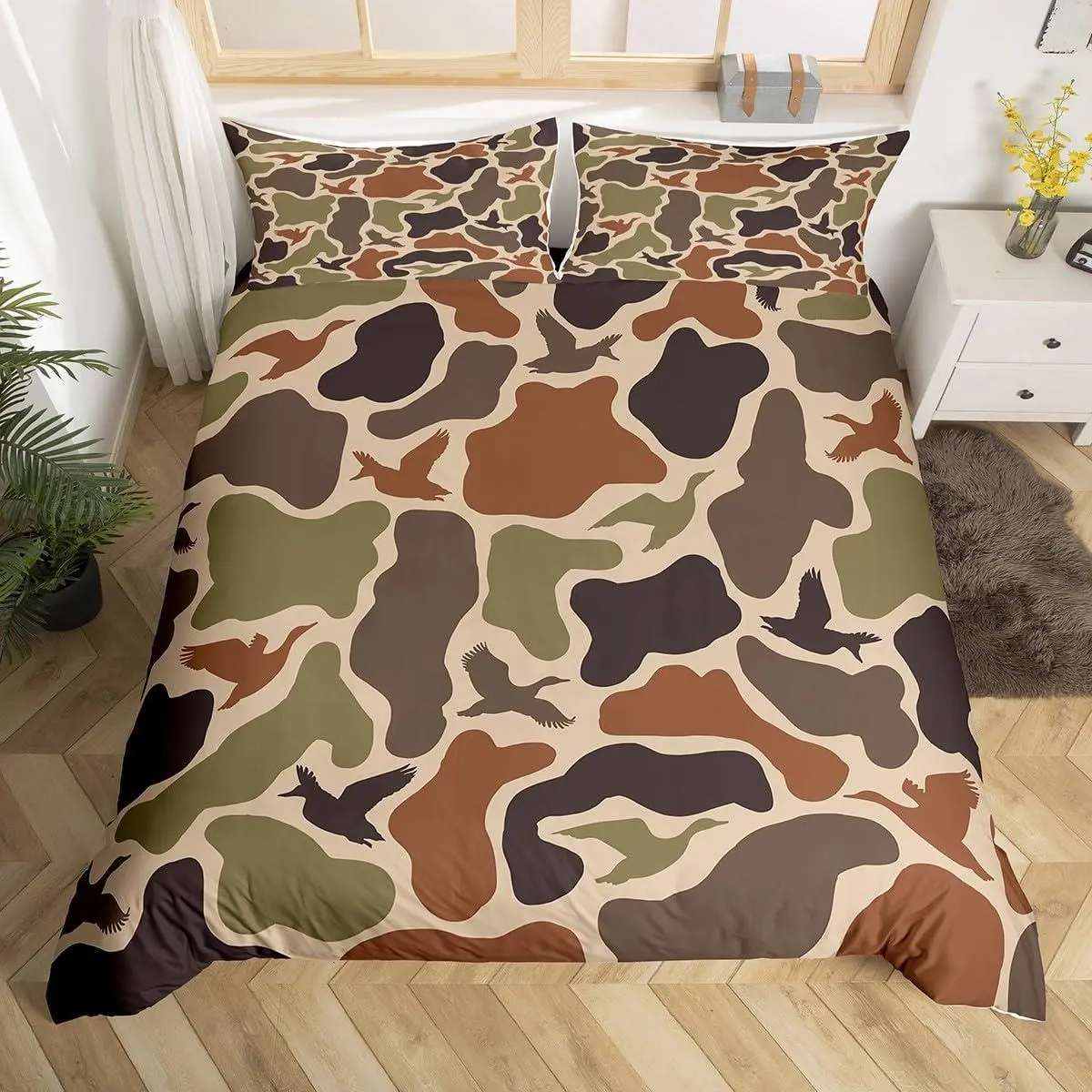 Duck Hunting Duvet Cover Army Camo Bedding Set for Adults Teens Camouflage Military Comforter Cover Wild Woodland Farmhouse Bedclothes Room Decor