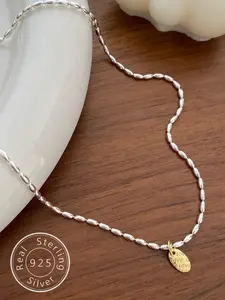 S925 Sterling Silver Fashionable Minimalist Letter Design Pendant Necklace, Casual Rice Beads Necklace for Party Decor, Trendy All-match & Exquisite Jewelry for Gift