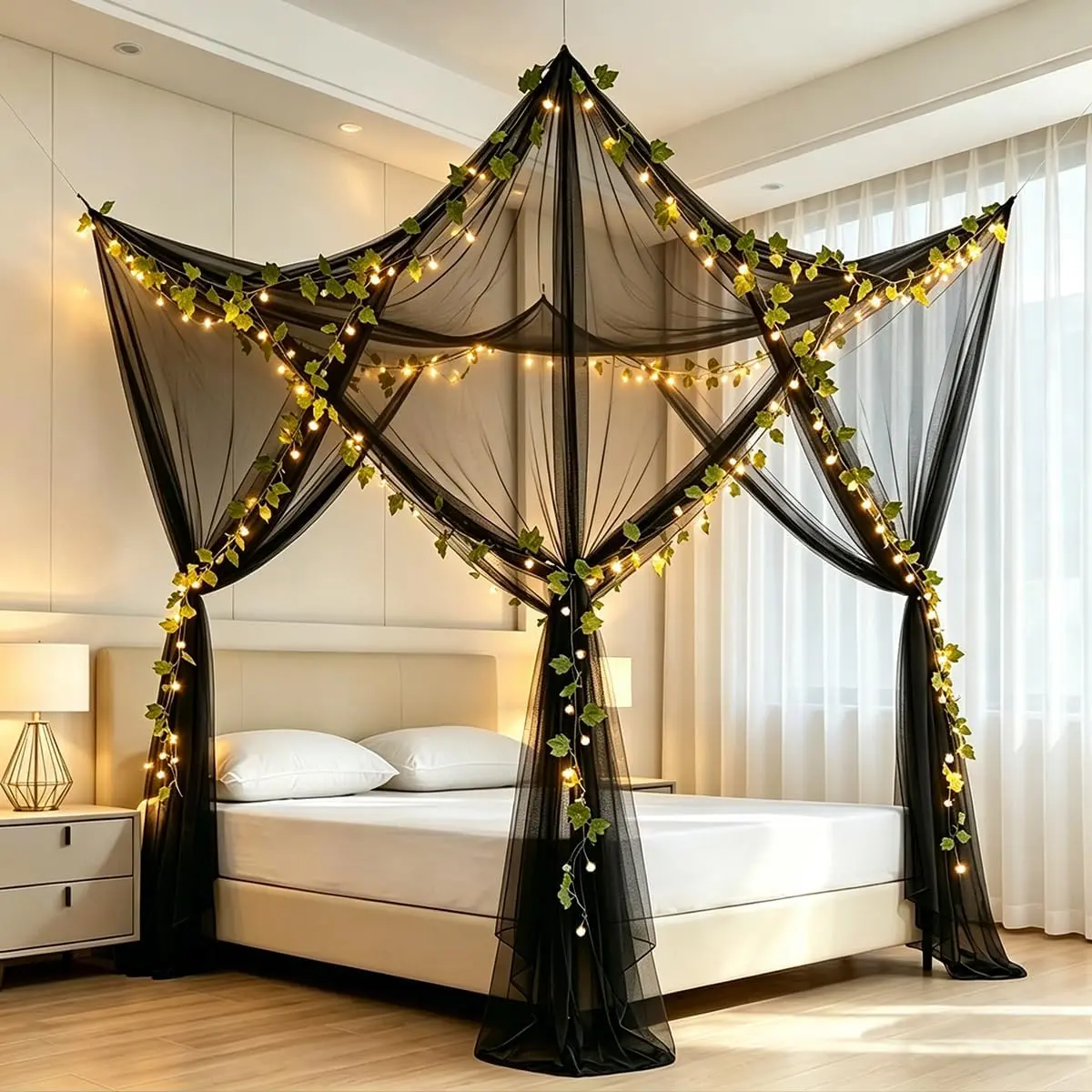 Bed Canopy with Lights Vines Canopy Bed Curtains Bed Mosquito net for Patio Indoor Outdoor Net Artificial Plant Leaves Decoration(Black,King)