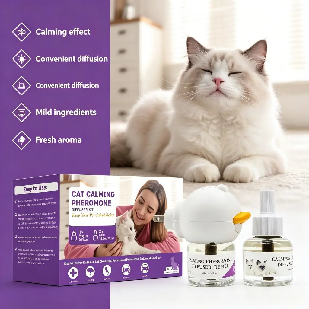 Cat Calm Diffuser Kit with Boundary Spray, 1 Electric Pheromone Heater & 2 Refills, Stops Urine Marking & Stress, Safe Indoor Use, Odorless, Plug in Diffuser