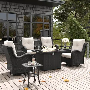 LayinSun 7 Pieces Outdoor Patio Furniture Set with Fire Pit Table, Rattan Wicker Swivel Rocker Chairs Sets with Swivel Glider Chairs and Coffee Table
