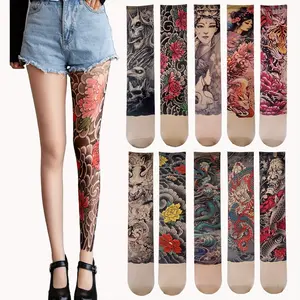 1PCS Unisex Japanese‑Style Floral Tattoo Print Tights, 360° Seamless All‑Over Colorful Flower Leg Tattoo Thigh High Stockings, Y2K Harajuku Streetwear Summer Autumn Pantyhose