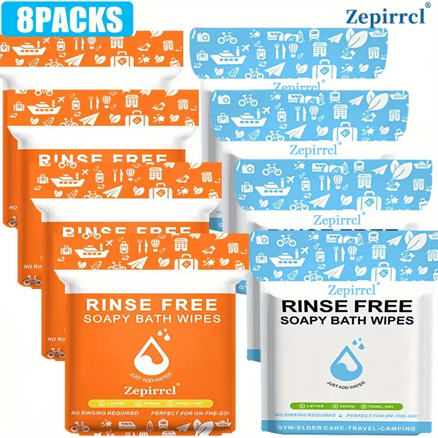 8 Packs 11.81*11.81in No-Rinse Disposable Bath & Soap Towels, self-foaming bath wipes. Rub with water to create foam, no rinsing required. Portable design, perfect for body cleansing for outdoor and travel use, 25 Counts per Pack