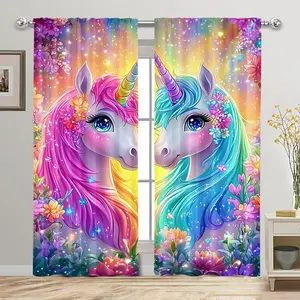 Magic Unicorn Floral Curtains, Window Curtain, Vibrant Rainbow and Sparkling Stars Design, Half Sunshade Polyester Fiber, Easy Wash, Home Decoration Curtain, Home Decor