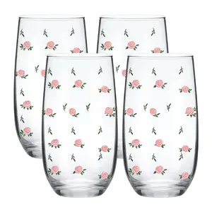 17 oz Rose Pattern Highball Glasses, 1/4 Pack Tall Glass Sets, Crystal Glass Drinking Glasses. Water Glasses, Mojito Glass Cups, Tom Collins Bar Glassware, Mixed Drink Cocktail Glass Set