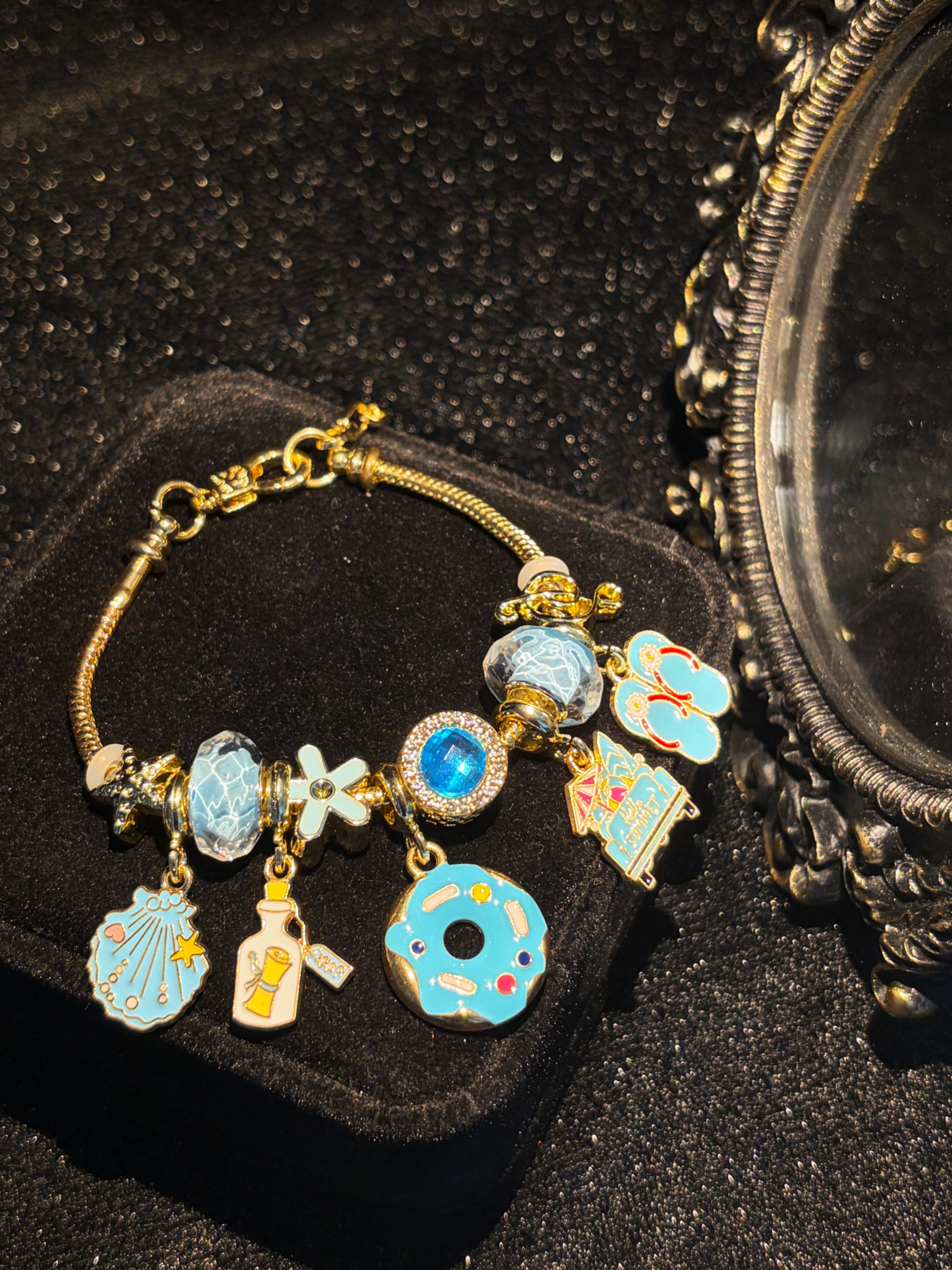 Women's Sparkling Water-Shimmer Crystal Bead Charm Bracelet, Gold-Tone Adjustable Snake Chain with Donut Bottle Shell Enamel Charms, Summer Vacation Fashion Jewelry Gift Women's Sparkling Water-Shimmer Crystal Bead Charm Bracelet, Gold-Tone Adjustable Snake Chain with Donut Bottle Shell Enamel Charms, Summer Vacation Fashion Jewelry Gift