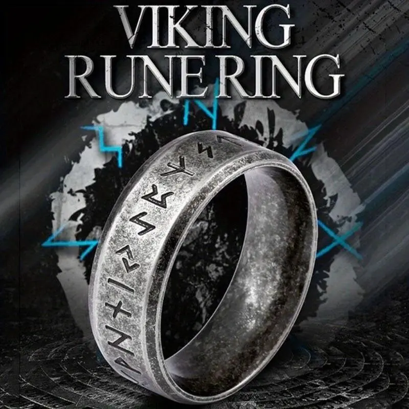 Men's Viking Rune Ring - 8mm Wide Alloy Band with Intricate Runic Inscriptions - Medieval, Classic Band, Retro Styles - Vintage Jewelry Gift for Boyfriend, Medieval Rings, Classic Band Rings