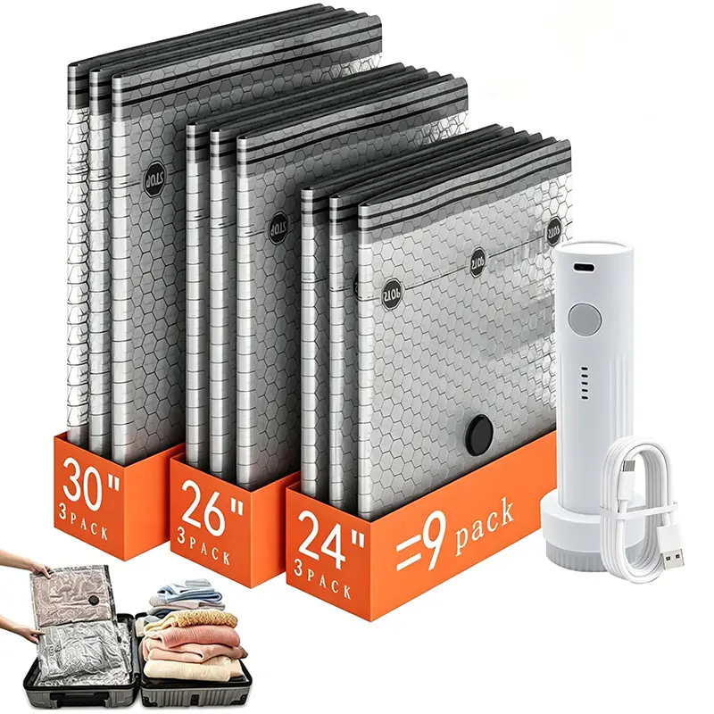 [2026 Upgraded] Cordless Travel Vacuum Bag Set storage bag  Vacuum Bags for Travel with Rechargeable air Pump, Waterproof storage 15 Pack Carry-on Size Compression Packing Bags for Luggage and Suitcase
