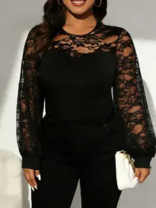 Women's Sexy Lace Patchwork Bodysuit Top, Plus Size Solid Color, Fitted, Casual Home Wear & Outerwear, Comfortablepajamas & Stylish, Chic