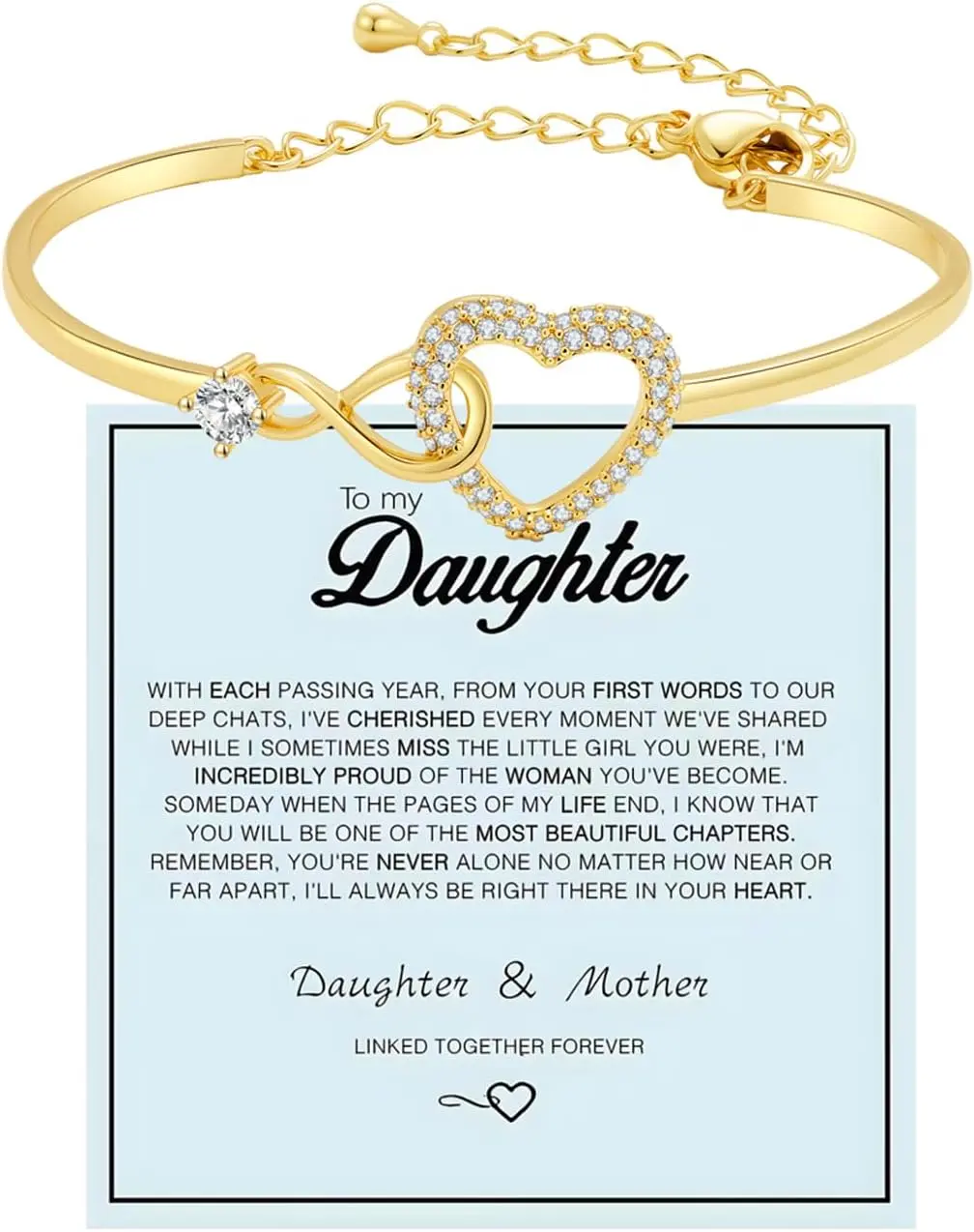 To My Daughter Forever Connected Bracelet From Mom, Infinity Love Cuff You Are Always In Mine Heart Cubic Zirconia Adjustable Womens Inspirational