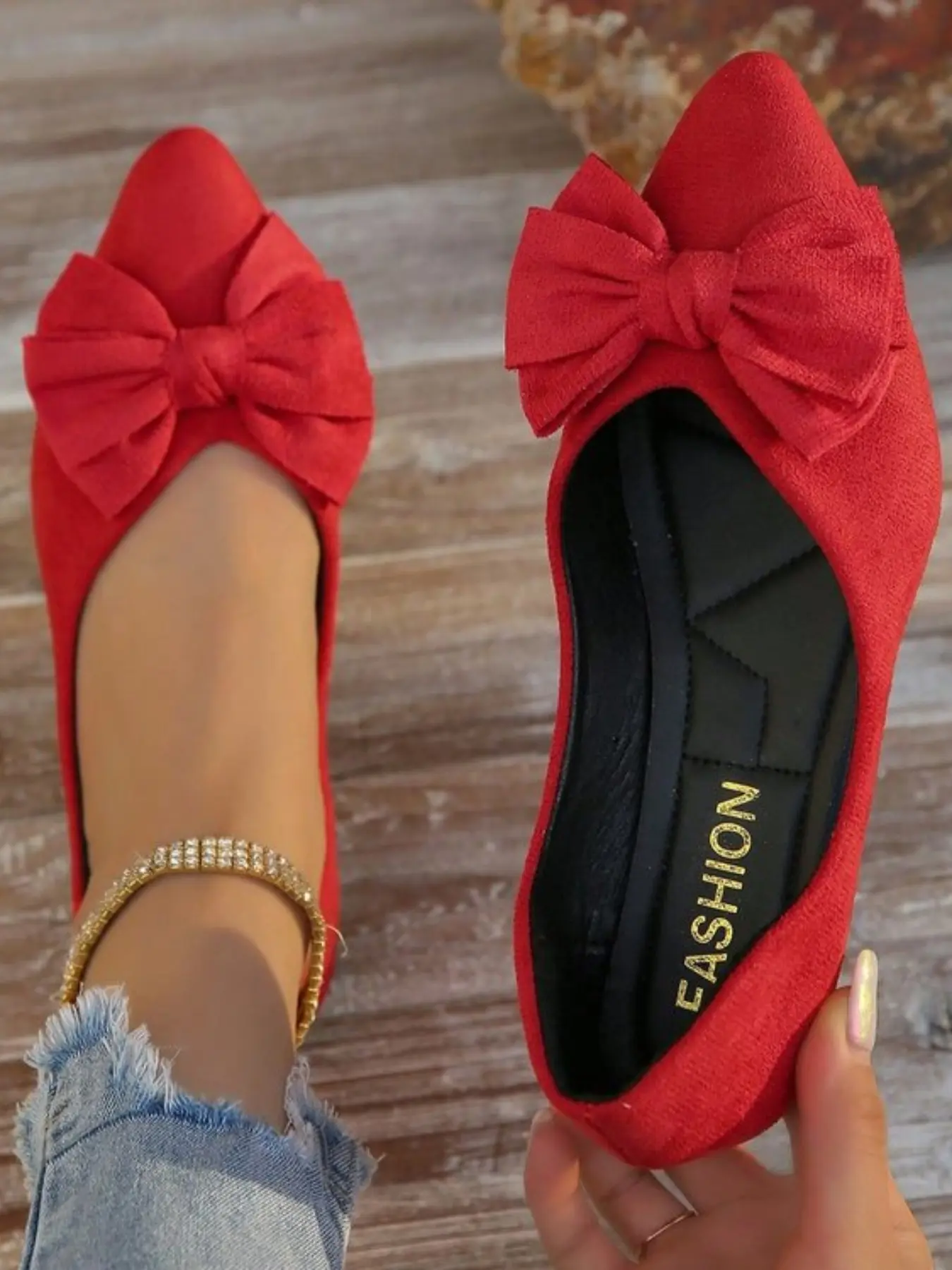 Women's Velvet Bow Pointed Toe Flats, Casual Commuter Style, Office Date Versatile Single Shoes, Textile Upper, Less Than Ankle Height