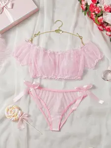 Women's Polka Dot Print Contrast Mesh Sheer Lace Wireless Lingerie Top & Panty Set, Cute Sexy Comfy Breathable Lingerie Set for Daily Wear, Women's Underwear Set for All Seasons, Womenswear