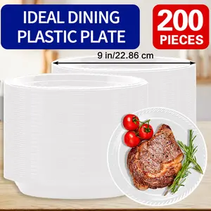 200 PCS of Sturdy Round White Plastic Plates - Free from BPA,  Packaged in Bulk, Long-Lasting, And Resistant to Breaking - Ideal for Barbecues, Picnics, Parties, Outings, And Events, Can Be Reused