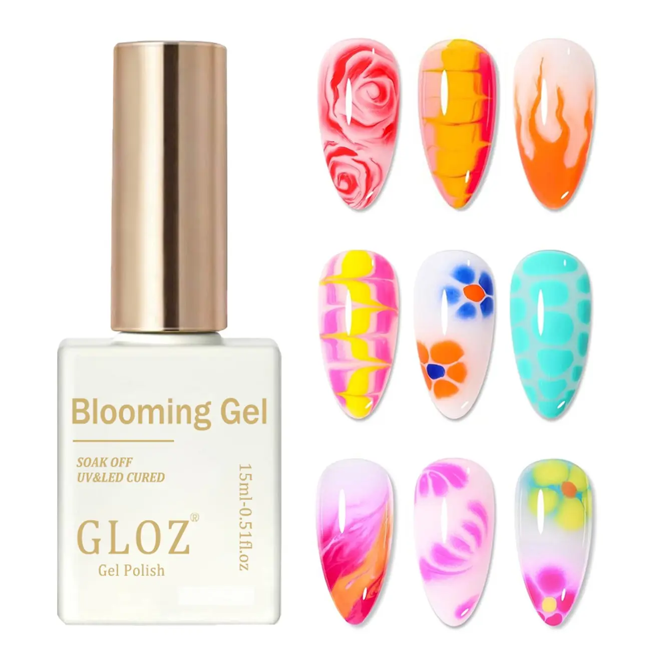 GLOZ 15ml Clear Blooming Gel Nail Polish, UV Light Gel UV LED Soak Off Blossom Gel with Watercolor Diffusion Effect for DIY Nail Art Design, Gel Manicure
