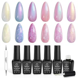 Beetles Pearl Gel Varnish, 6 Colors Long Lasting Shimmer Pearl White Pink Purple Mermaid Nail Drawing Gel Nail Polish Soak Off Uv Led Gel Polish Swirl Shell Thread Effect DIY Manicure Nail Care Gift for Girls Women Nail  Art
