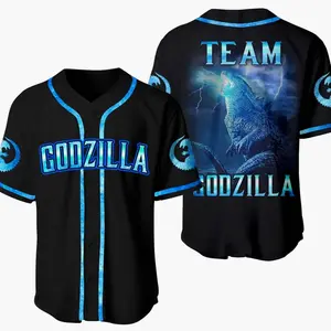Team Godzilla Baseball Jersey Shirt – Japanese Streetwear Kaiju Graphic, Button-Up Athletic Top, Breathable Fabric, Oversized Fit, Unisex Casual Sports Style
