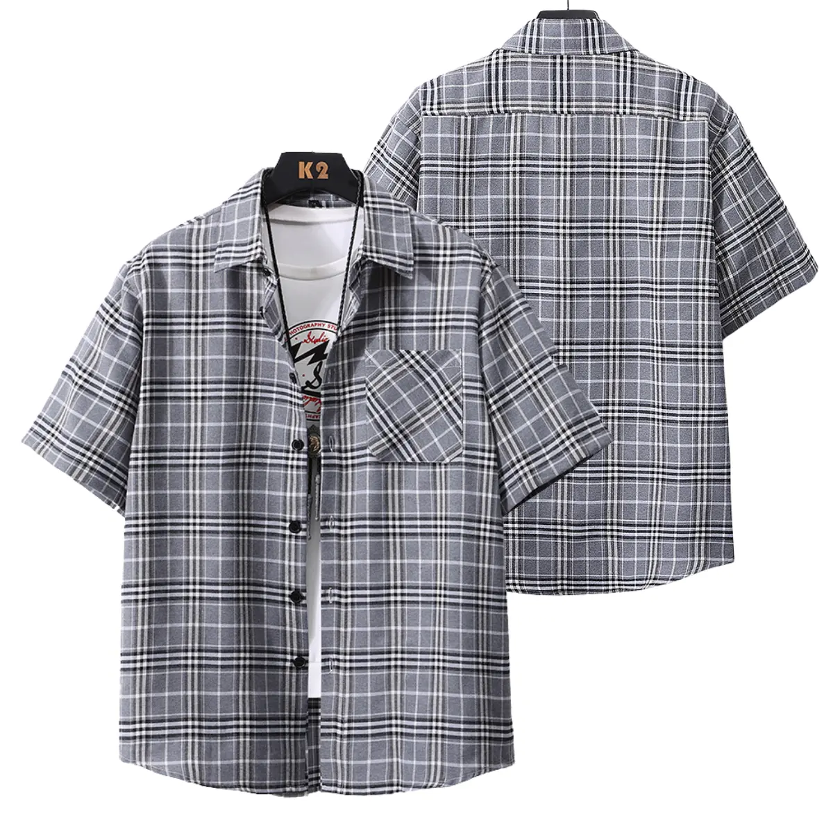 Men's Classic Checked Short-Sleeve Polyester Collared Buttoned Shirt - Casual Turn-Down Collar Top with Front Pocket, Fashion Apparel, Ideal for Summer Everyday Wear, Boyfriend Gifts, Collared Shirts, Shortsleeve, Plaid, Gifts For Boyfriends, Birthday Gif