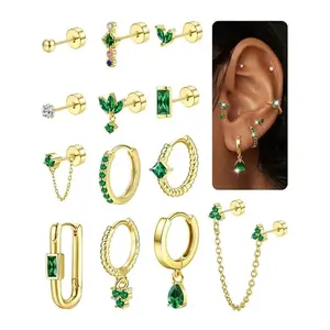 13Pcs Gold Earrings Set Earrings Jewelry for Multiple Piercings Women Flat Back 14K Gold Plated Silver Cartilage Helix Small Stud Hoop Stainless Steel  Green Earrings