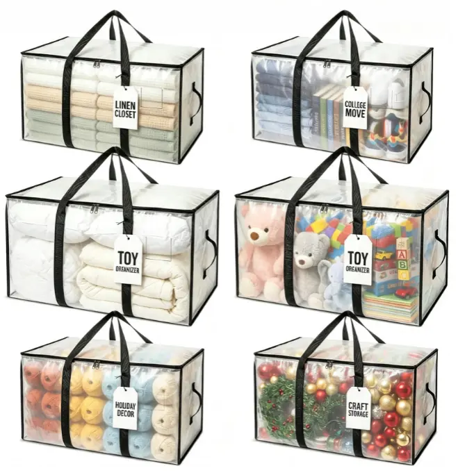 Extra Large Clothes Storage Bins with Lids, Moving Bags, Clear Storage Bags with Reinforced Handles & Heavy-Duty Zippers, Moving Boxes Totes for Clothes Packing, Dorms, College Supplies
