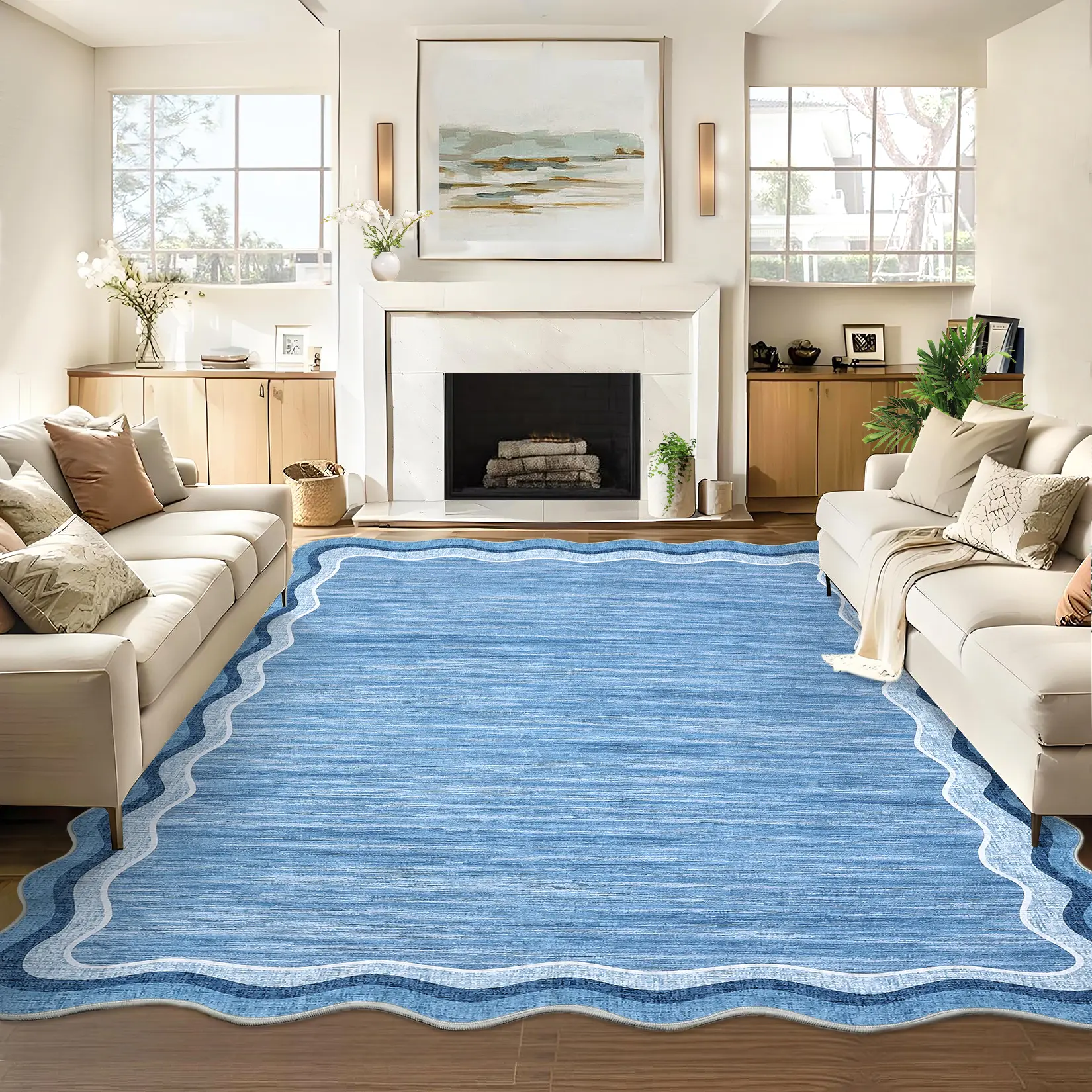 Garvee Imitation Cashmere Printed Rug Simple Fan-shaped Border Ultra-thin Non-slip Washable, Soft and Non-shedding for Dining Rooms Living Rooms Bedrooms Apartments Children's Rooms and Playrooms carpet