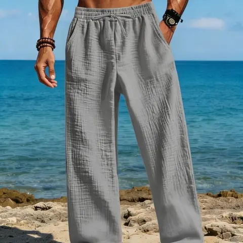 2026 New men's solid color linen casual pants, loose and breathable straight-leg pants, seaside vacation style drawstring waist pants, comfortable and versatile casual long pants for spring and summer, with a relaxed look, Drawstring Waist Trousers