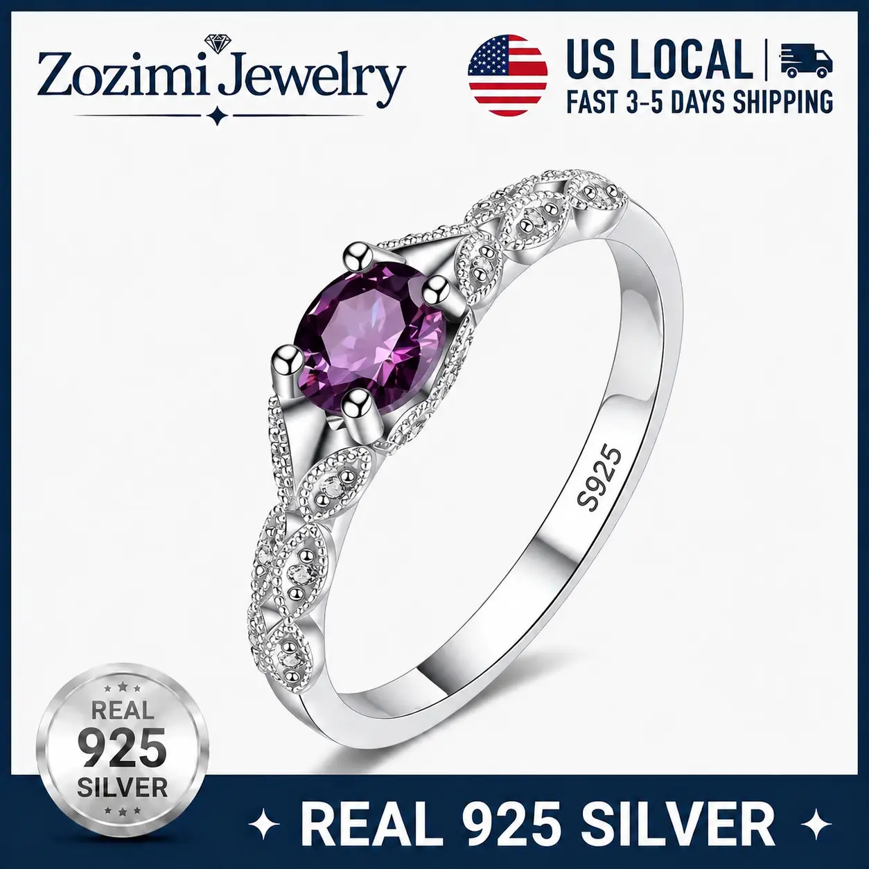 925 Sterling Silver Dainty Vintage Lace Filigree Ring Round Cut Purple Amethyst Cubic Zirconia Thin Stackable Promise Engagement Cocktail Ring Ideal Gift For Birthday Anniversary Valentine