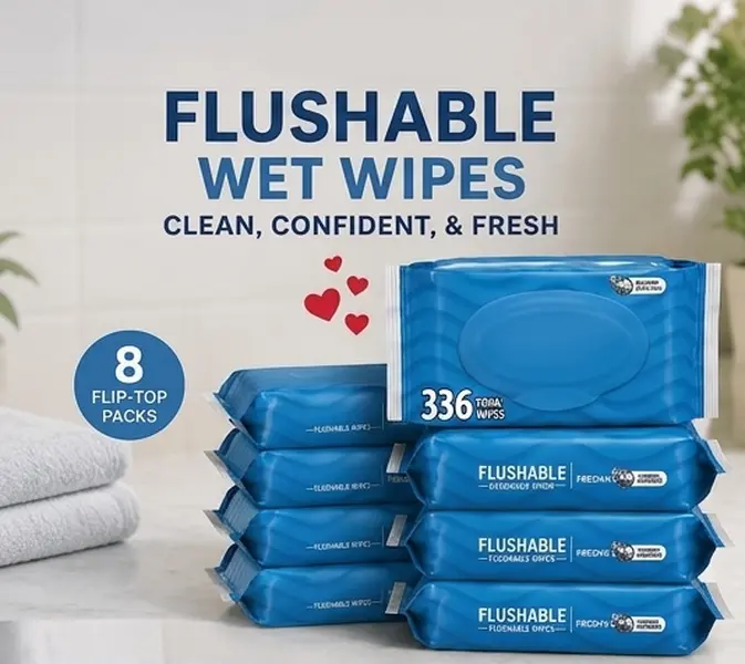 Flushable Adult Wet Wipes, 8 Flip-Top Packs, 336 Total Moist Toilet Wipes, Soft & Gentle Cleansing Wipes for Everyday Bathroom Hygiene, 42 Wipes Per Pack
