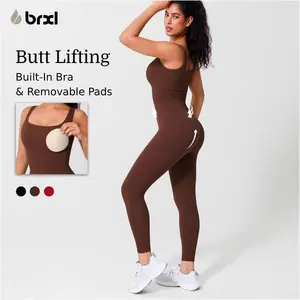 BRXL By Popilush Built In Bra One Piece Jumpsuits for Women Square Neck Ribbed Sleeveless Seamless Rompers Bodysuits with Tummy Control Comfort Fit 4 Way Stretch for Casual Wear Workout Gym Yoga Everyday Outfits-2