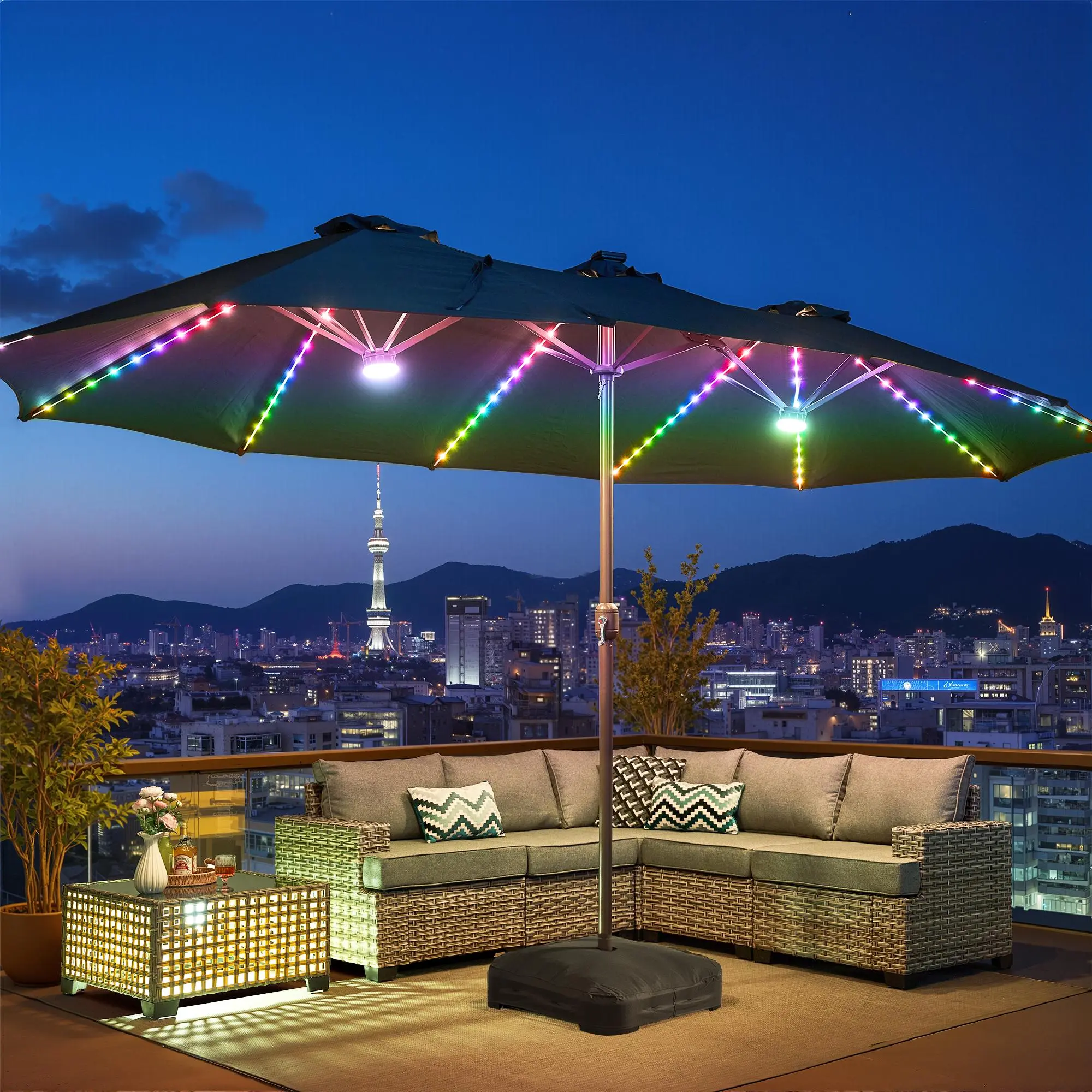 【With Base】CAODOC 15FT Large Outdoor Patio Umbrella, Rectangular Market Table Sun Parasol Umbrella with Base, Crank, Steel Ribs and Pole for Garden, Backyard,Sand, Pool