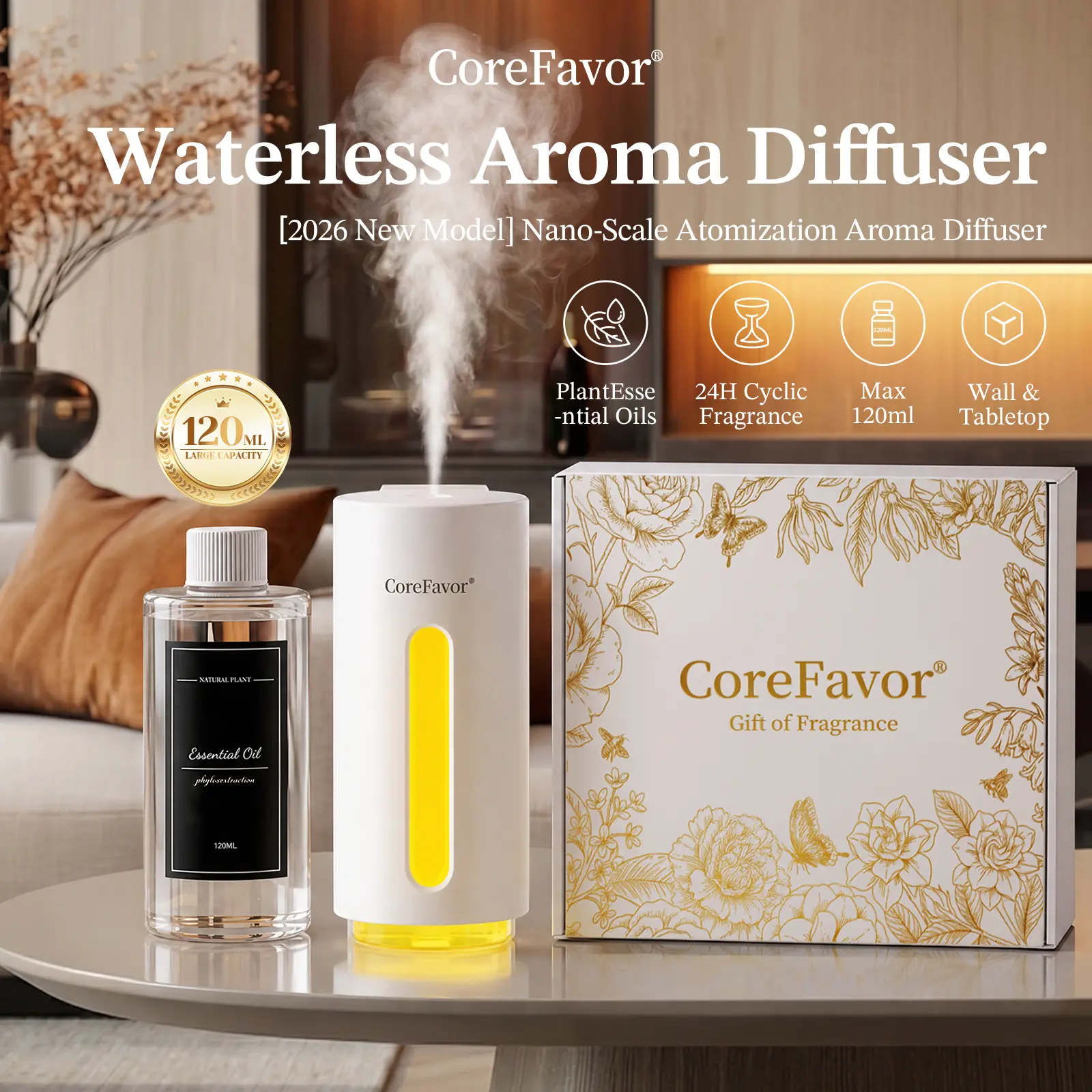 CoreFavor Waterless Cold Air Fragrance Diffuser - 120ml Scented Oil, 6 Mist Intensity Modes, 5 Color LED Lights, Batteries Built-In Rechargeable Spray Machine, Wall/Car Mount (Saves Desk Space), Tabletop, Quiet Diffuser for Home, Wireless Gift