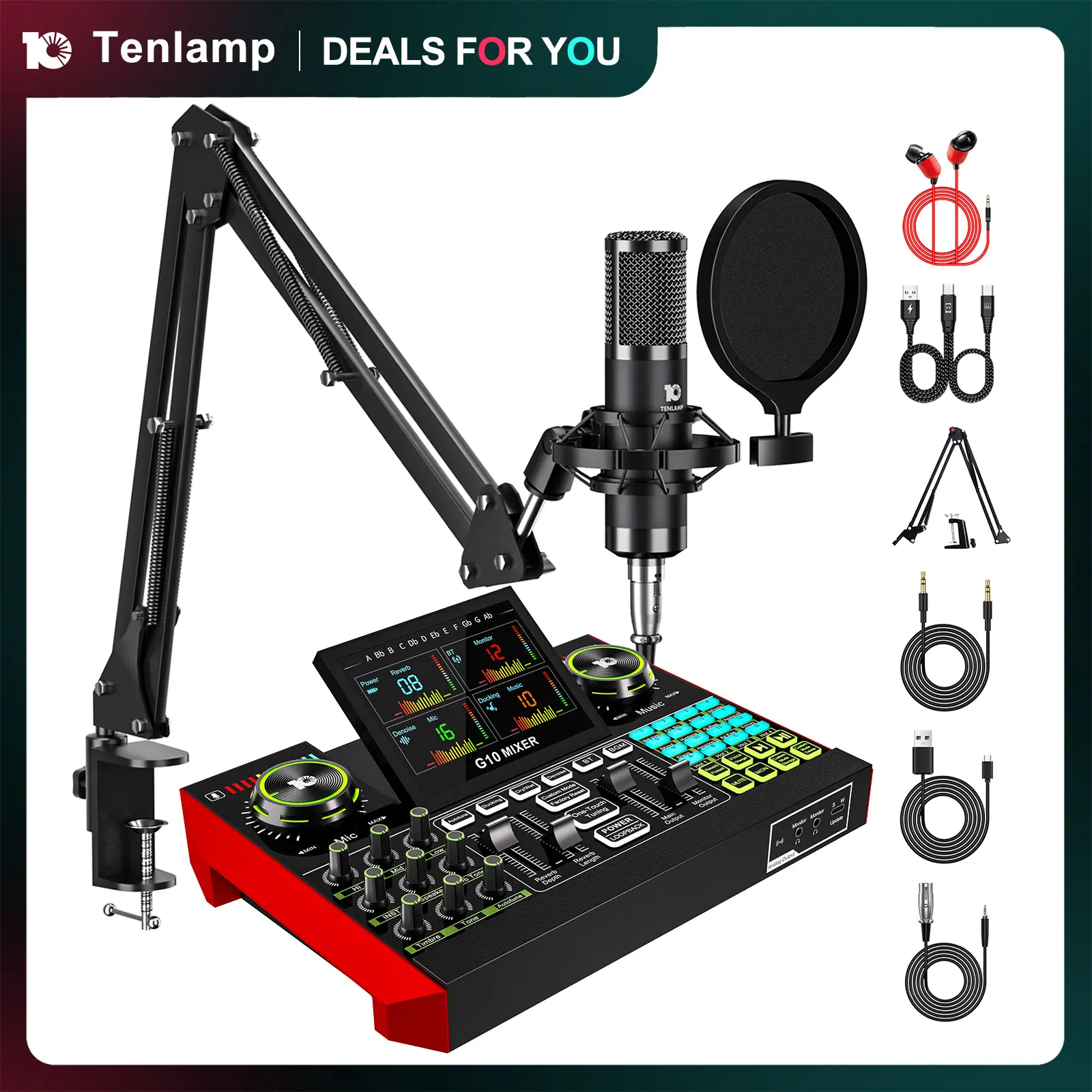 Tenlamp G10-P15 sound card kit, podcast equipment with customizable sound effects, two-level noise reduction, computer audio mixing, condenser microphone, suitable for live streaming, gaming, podcasting #SummerWins #DealsForYouDays