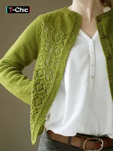 Women's Plain Hollow Out Button Front Cable Knit Cardigan, Chic Casual Long Sleeve Round Neck Fit Cardigan for Spring & Fall, Women's Knit Clothing for Daily Wear, Knitwear
