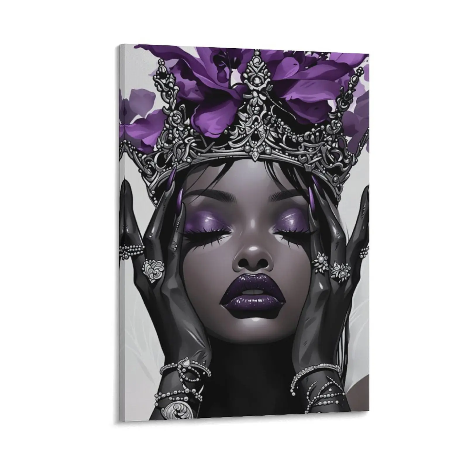African American Canvas Wall Decor Art Posters Purple Fashion Black Art Print Woman Pictures with Crown African Queen Painting Home Decor Framed, Wooden Framed Wall Art, Wrapped Canvas Vintage Prints Poster Decoration Artistic Photo Ornaments