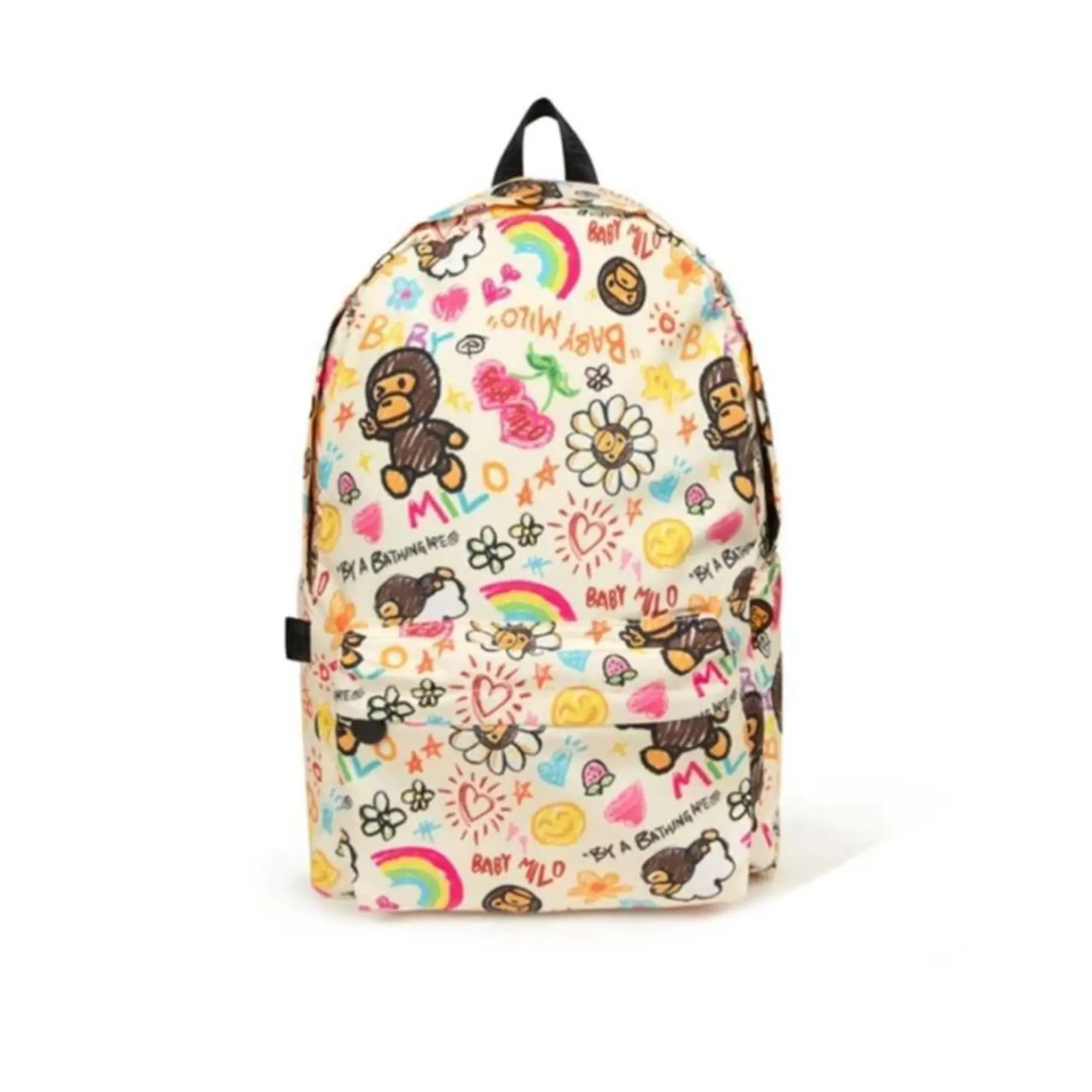 Baby Milo Graffiti Backpack, Cream Base Multicolor Crayon Sketch Monkey Rainbow Heart Daisy Print Backpack, Large Capacity School Bag Daily Travel Casual Rucksack for Women Students