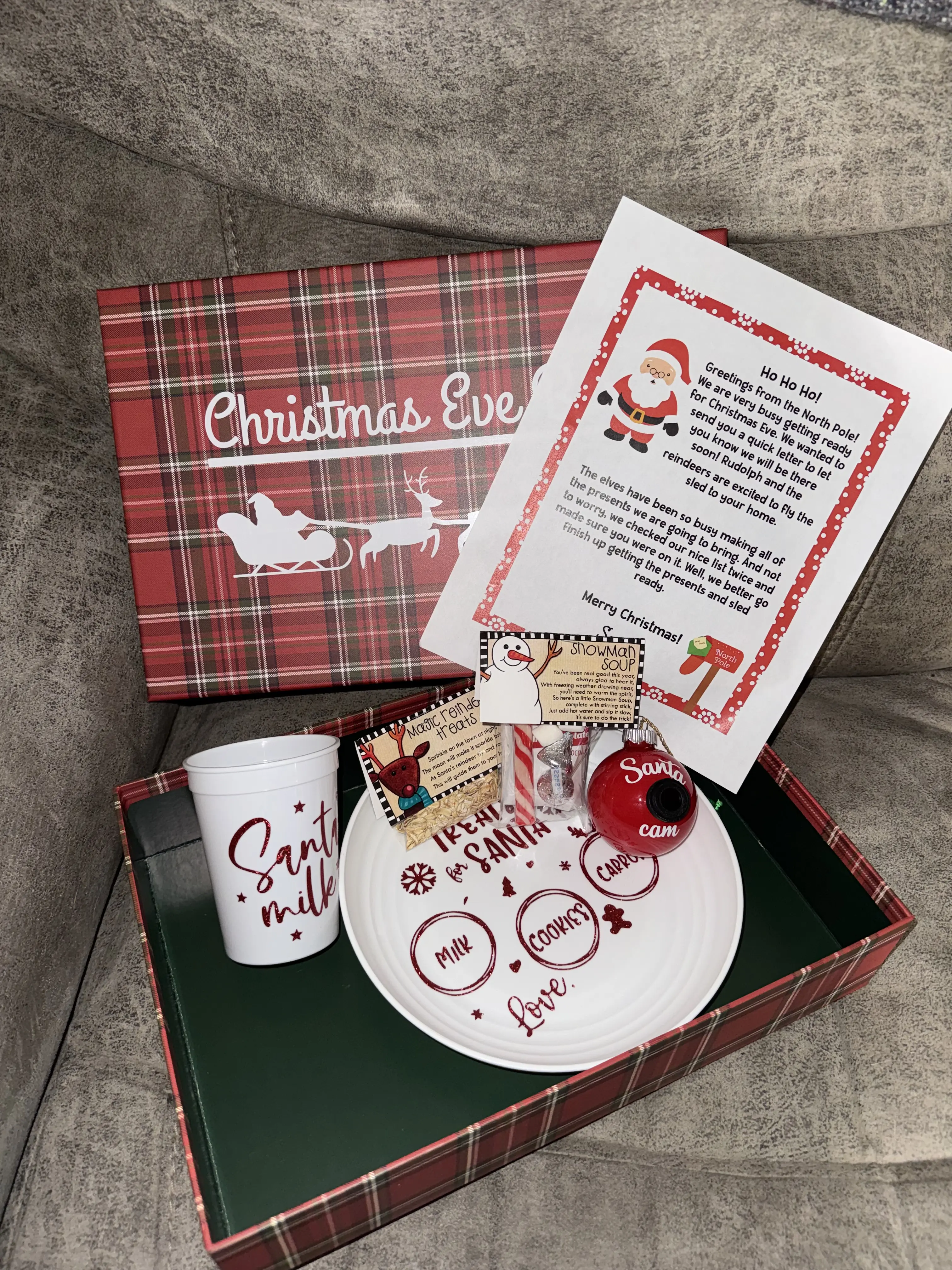 Christmas Eve Box Holiday Gift Set with Santa Letter Cam Snowman Soup Reindeer Food Milk Cup & Cookie Plate for Kids Families