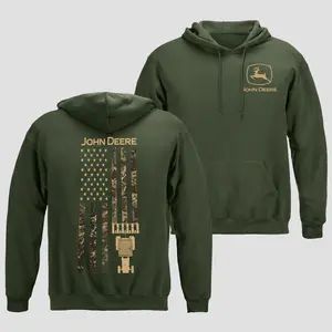 John Deere Hoodie Gildan, Leaping Deer Logo Clothing, Camo American Flag Graphic Top, Camouflage USA Stars Stripes Shirt, Combine Harvester Farm Gear, Patriotic Country Workwear, Men Women Long Sleeve Premium Black Cotton Gift For Farmer