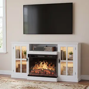 FURMAX Glass Fireplace TV Stand for Televisions up to 65", Media Entertainment Center Console Table with Led Lights