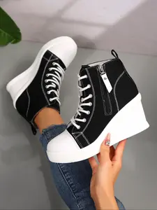 Women's Fashionable Lace Up Platform Sneakers, Casual Comfortable Round Toe Wedge Boots for Daily Wear, Female All-match Shoes for Daily Wear, Girl, Wedge Trainers