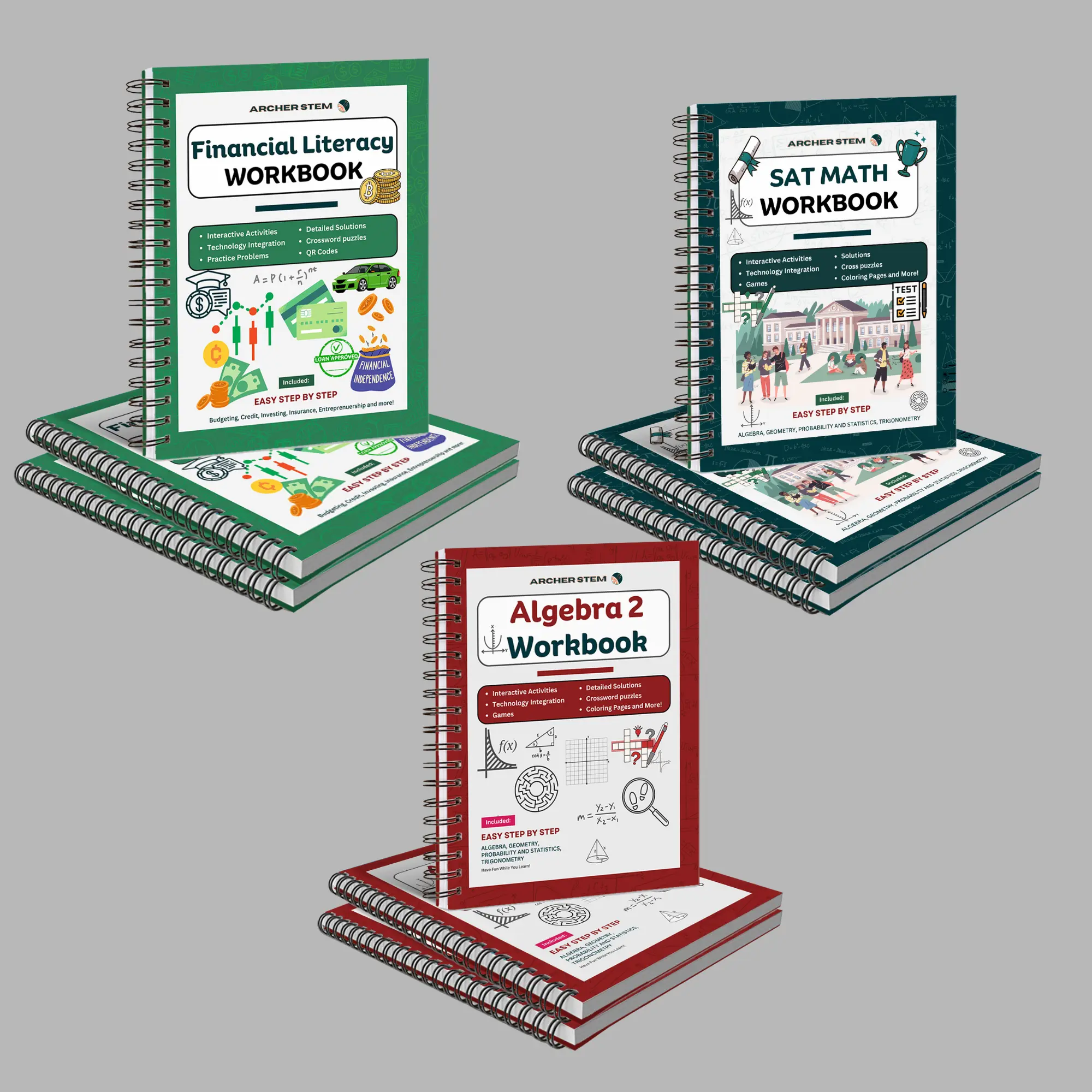 ArcherSTEM High School Success Bundle | SAT Math, Algebra 2 & Financial Literacy Workbooks | 3-Book Study Guide Set for Teens, Homeschool & College Prep
