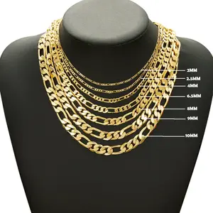 Men's 14K Gold Plated Cuban Link Figaro Chain Necklace 2-10MM Stainless Steel Hip Hop Jewelry Basic Chokers 20/24inch Valentine Birthday Gift Stackable