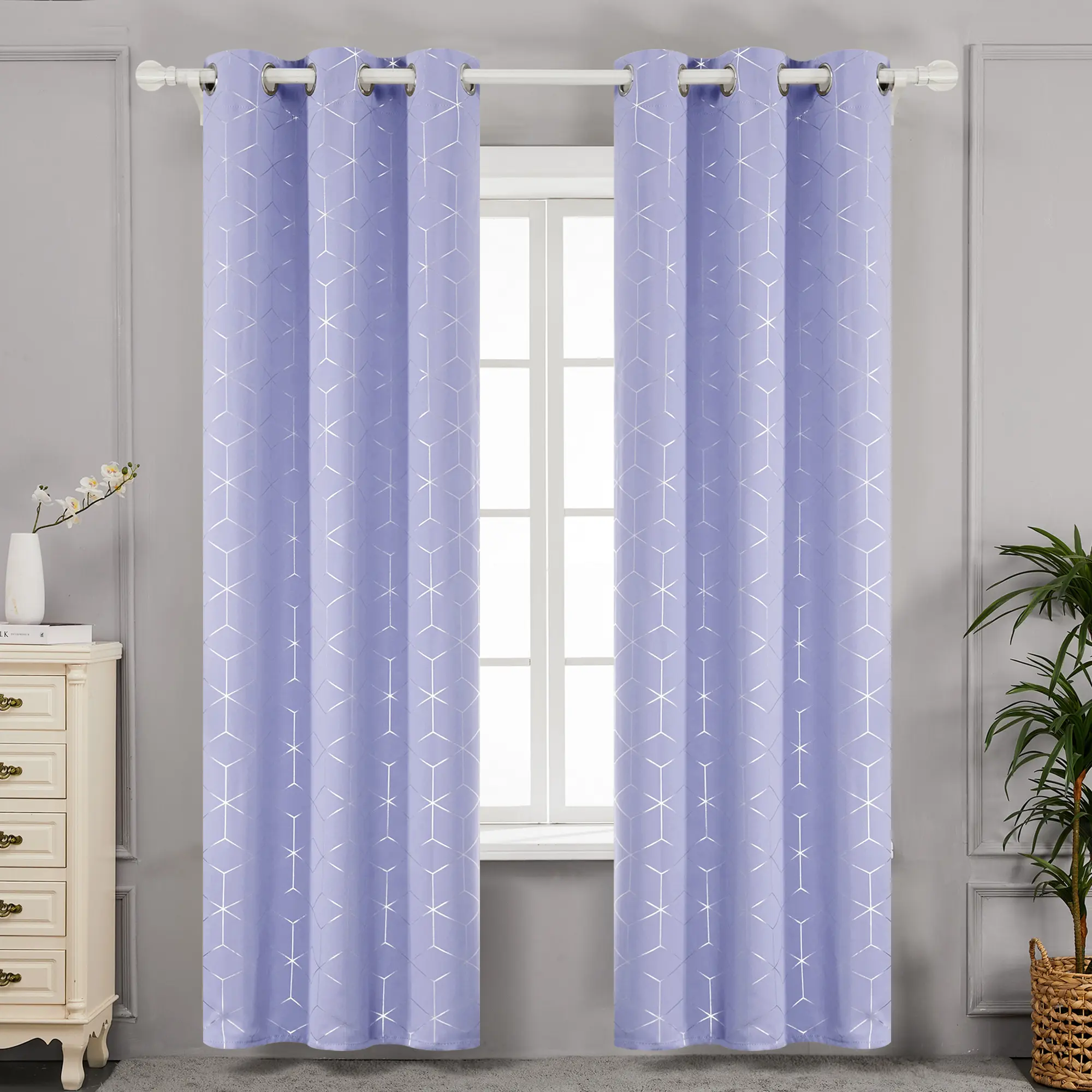 Deconovo Blackout Grommet Window Curtains - 2-Panel Home Decorative Blackout Shade with Silver Diamond Foil Print, Thermal Insulated Soundproof Drapes for Living Room, Gaming Rooms, Home Decorative Curtain