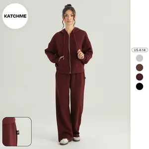 KatchMe Women's Casual Solid Color Hooded Zipper Hoodie & Wide Leg Trousers Co-ord, Fall & Winter Minimalist Two Piece Outfits, Athletic Going Out Set