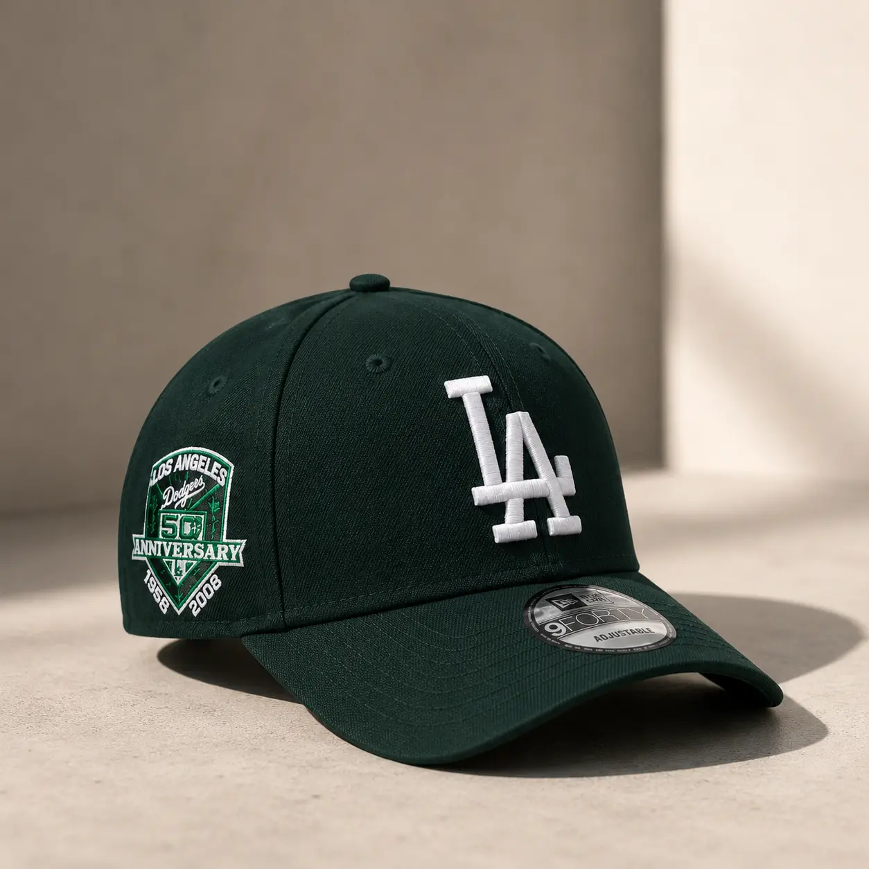 MLB Los Angeles Dodgers 50th Anniversary Adjustable Baseball Cap - Green Curved Brim Hat with Embroidered White LA Logo - Unisex Sports Headwear