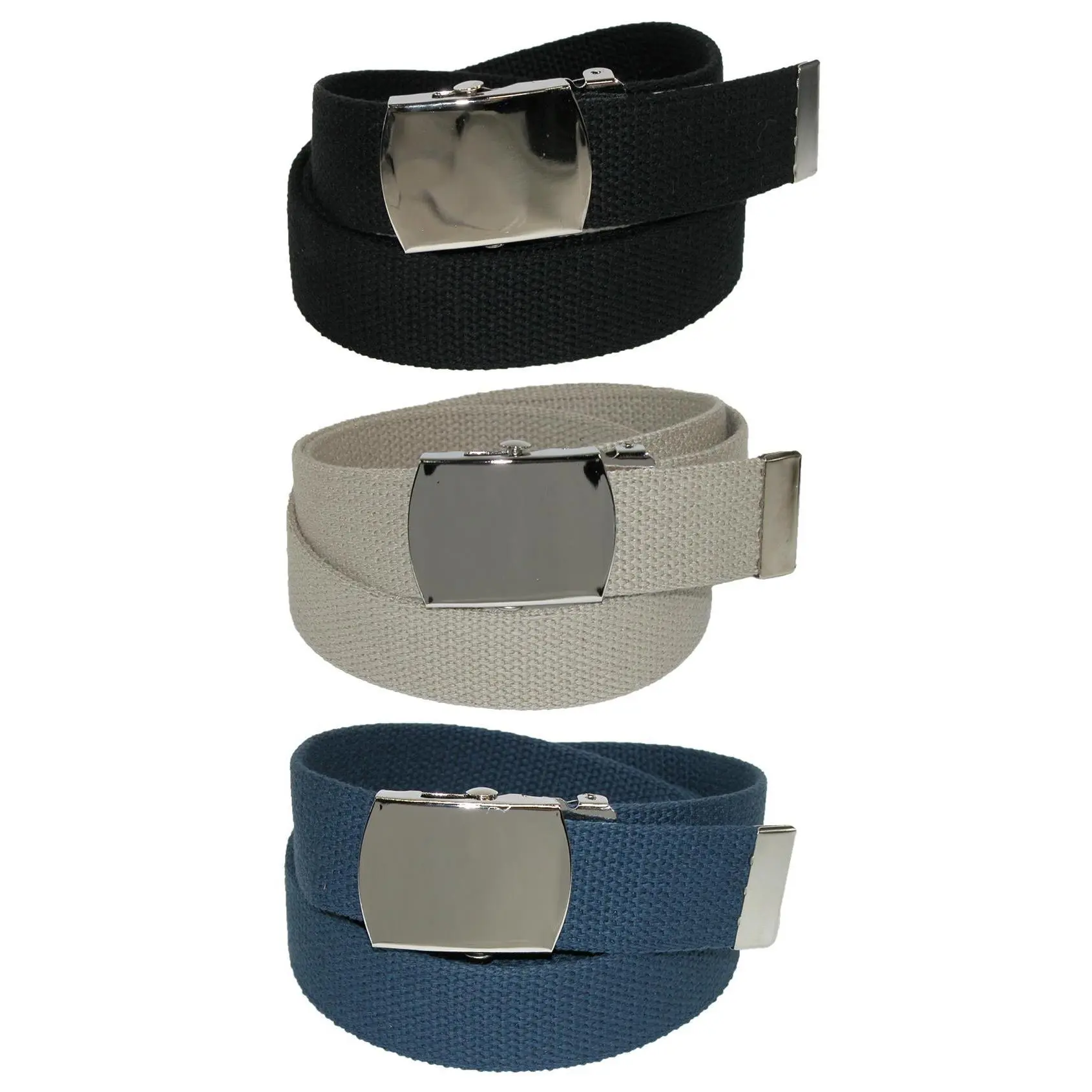 CTM Big & Tall Cotton Casual Web Belt - 1.25 Inches Wide, Heavy Duty, Nickel Military Buckle, Clamp-On Frame, Removable Buckle (Pack of 3 Colors)