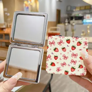 Strawberry Bow Square Folding Mirror - Double sided Portable Handheld Makeup Mirror, Suitable for Women, Ideal Gift for Travel, Birthdays, and Festivals, Cute Makeup Mirror