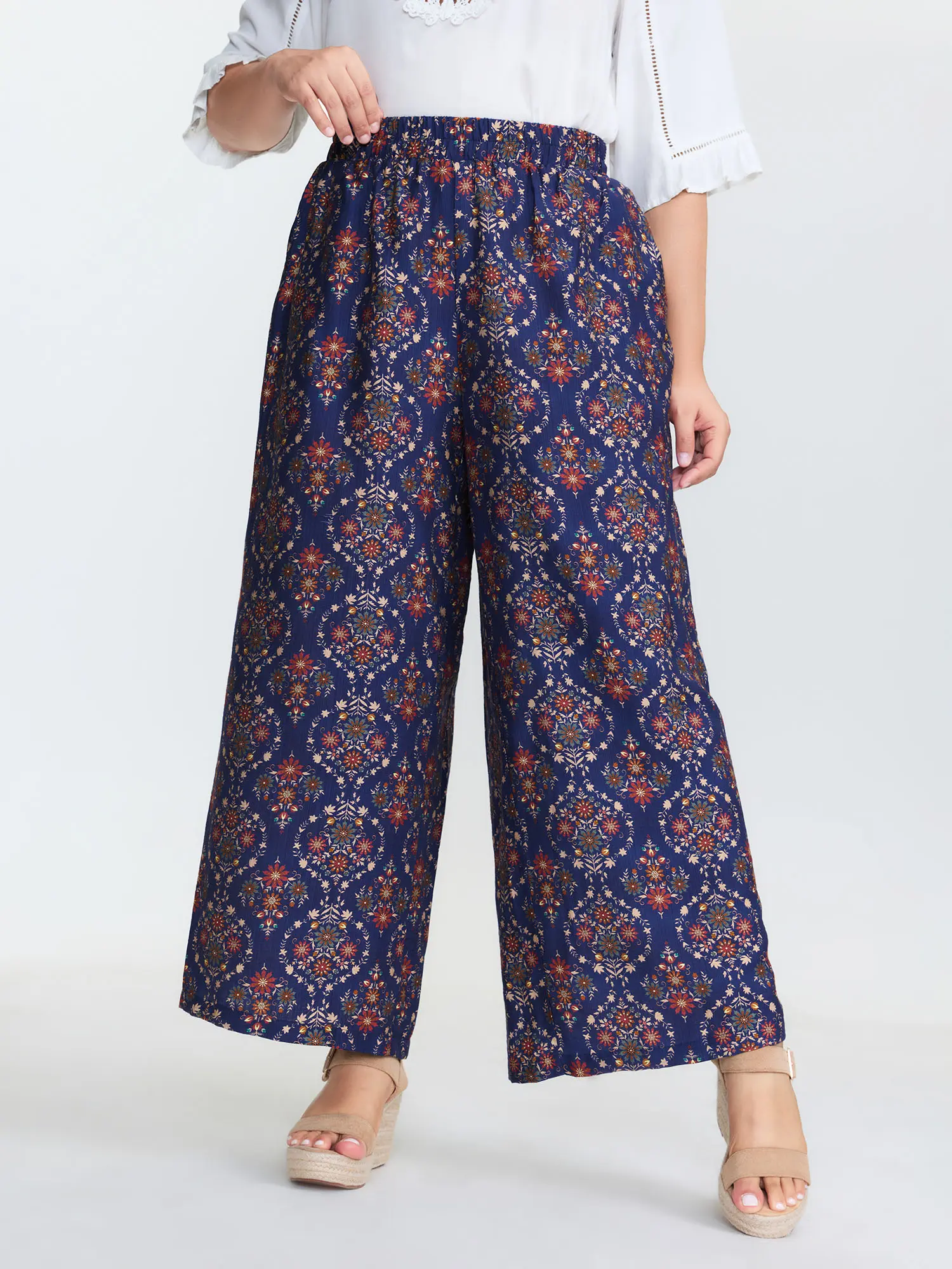 BloomChic Women's Plus Size Feminine Flowy Bohemian Pants - Rayon-Nylon Blend, Mid-Rise Wide Waistband, Geometric Print, Harem Wide Leg, Side Pockets, Smooth Clothes